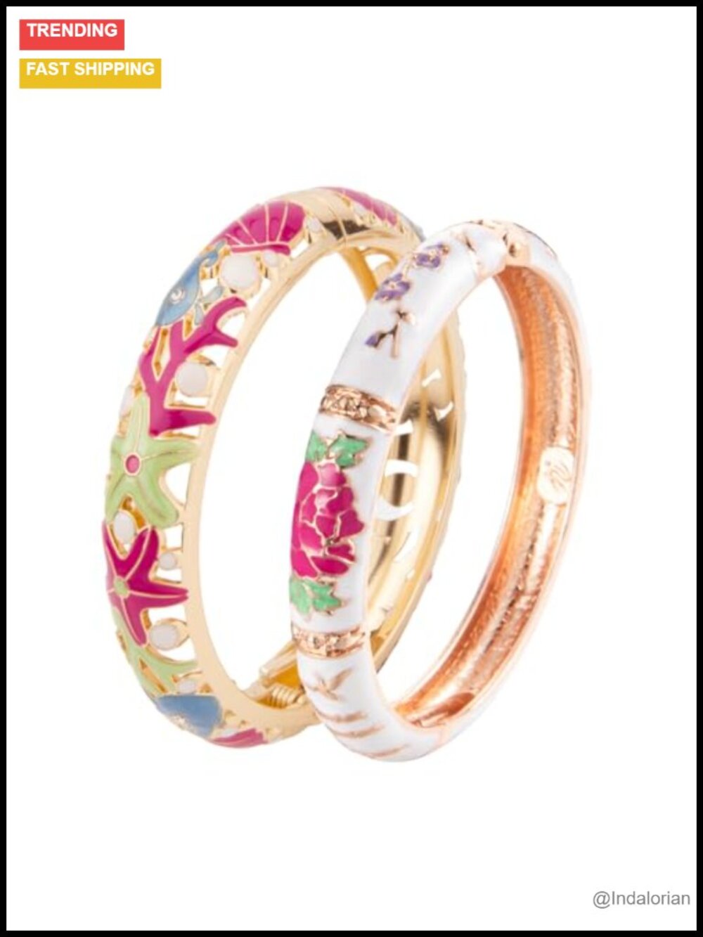 Cloisonne Enamel Cuff Bangle Bracelet Set Gold Plated Spring Hinge Floral